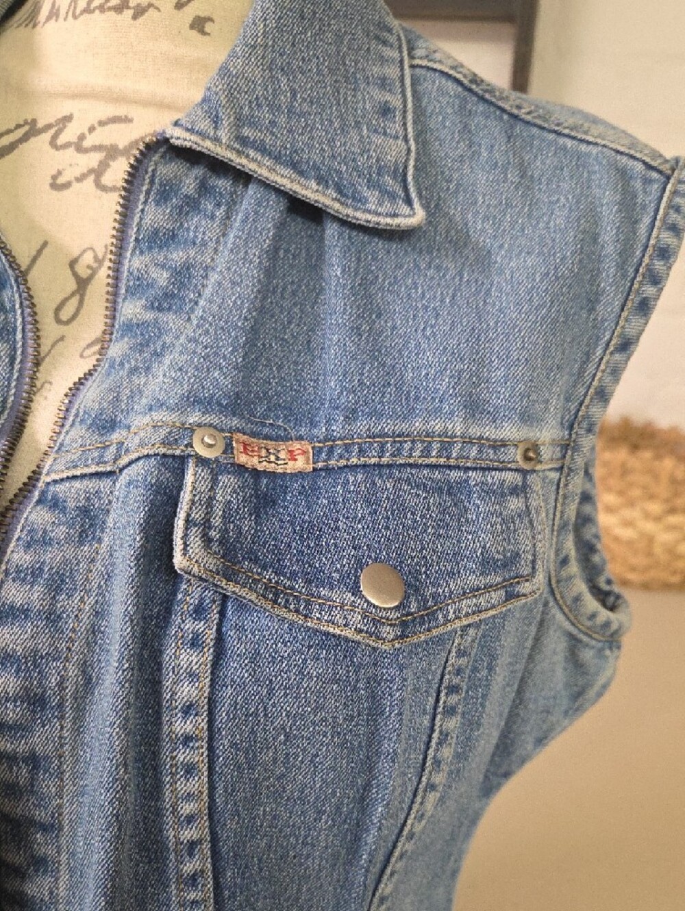 Express Light Wash Denim Vest with Chest Zip Vintage 90s - Picture 2 of 7